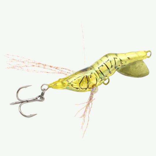 Yellow and black fishing lure on a white background