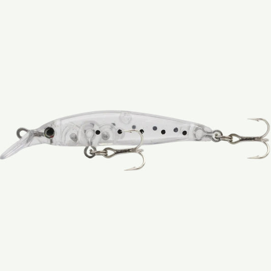 A small, multicolored fishing lure designed to resemble a minnow, with silver accents and treble hooks.