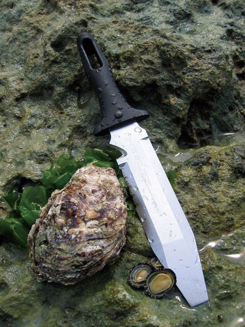 Knife with a black handle on a rock surface next to an oyster