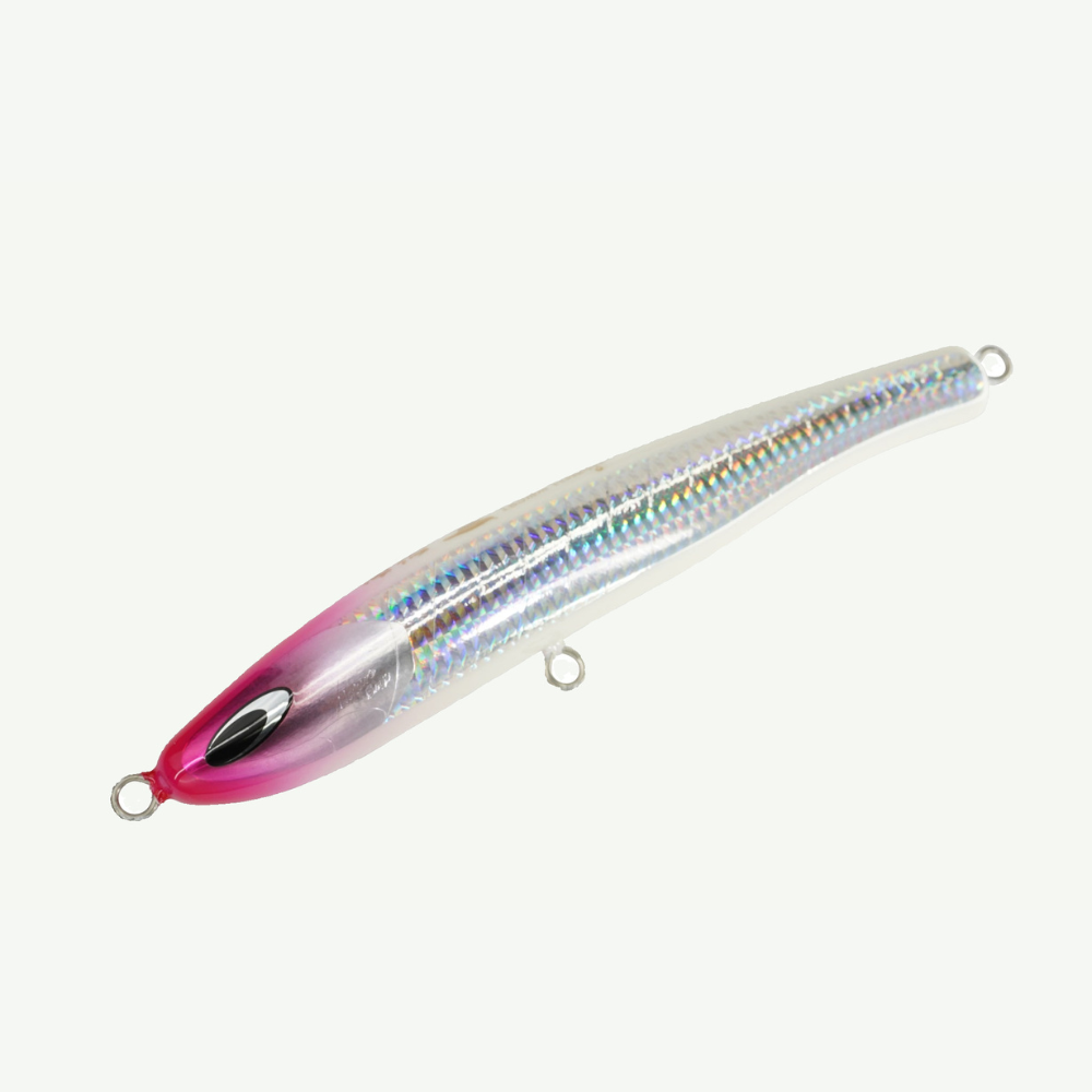 Fishing lure with pink and silver gradient on a white background
