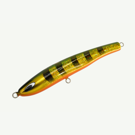 Fishing lure with a striped pattern on a white background