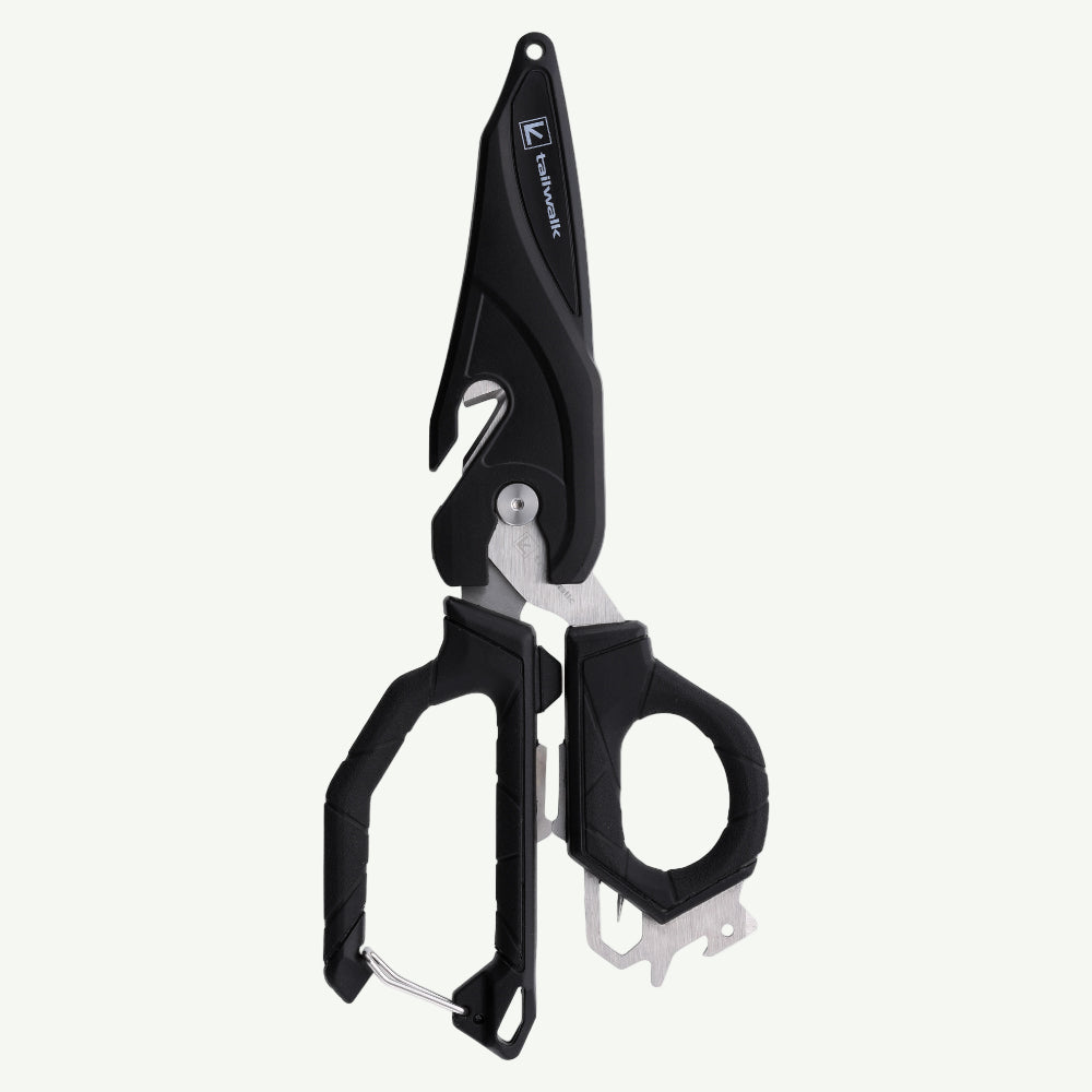 Black and silver shears with a brand logo on a white background