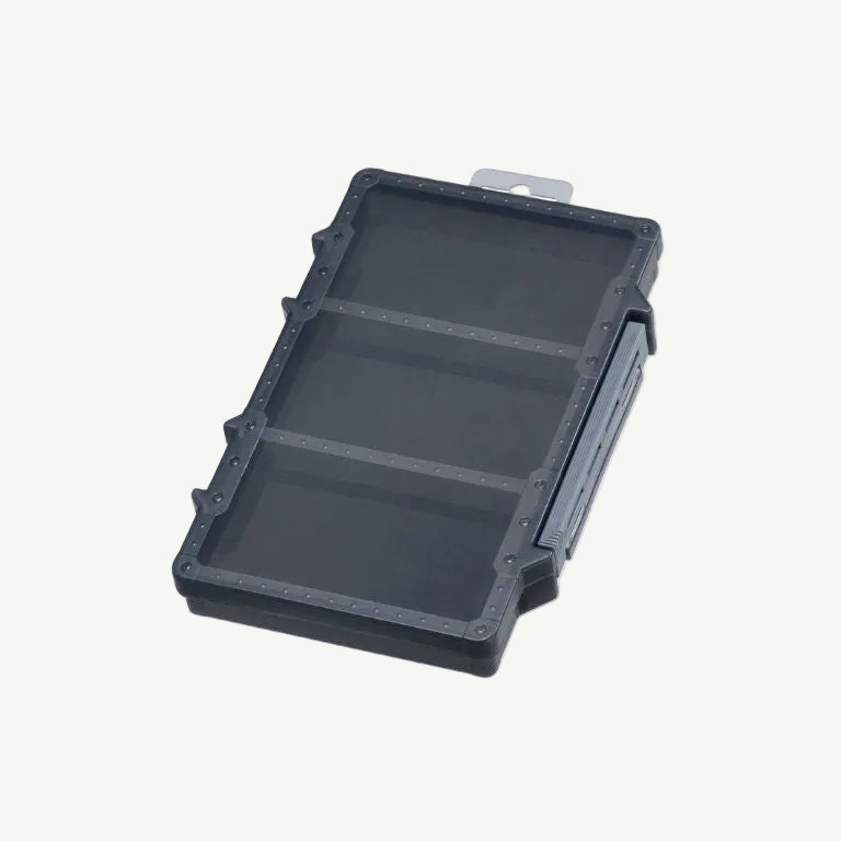 A stack of tackle boxes with the label 'CASE #195 F' on the front, indicating different sizes or colors.