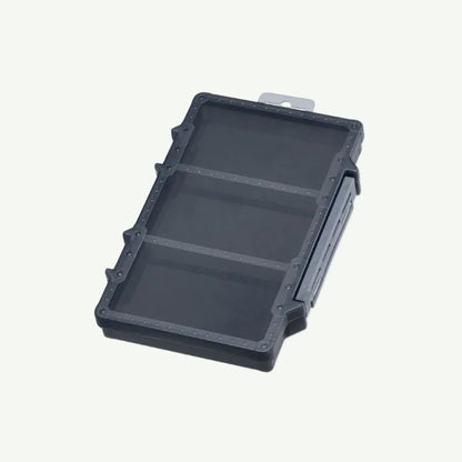 A stack of tackle boxes with the label 'CASE #195 F' on the front, indicating different sizes or colors.