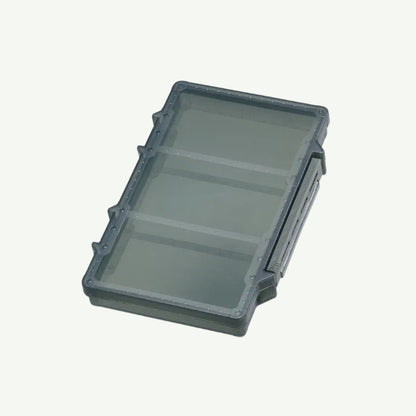 A stack of tackle boxes with the label 'CASE #195 F' on the front, indicating different sizes or colors.