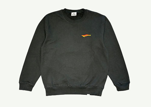 Dark gray sweatshirt with a small yellow logo on a white background