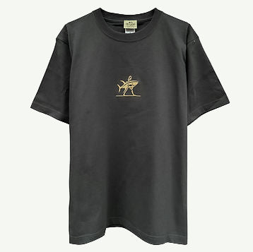 Black t-shirt with a gold logo on a white background