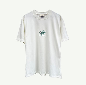 White t-shirt with a small graphic on a white background