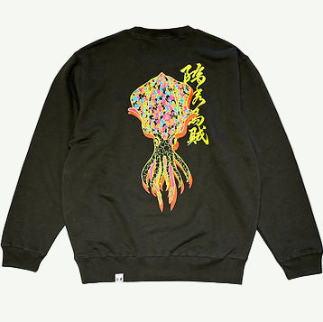 Black sweatshirt with colorful graphic design on the back against a white background