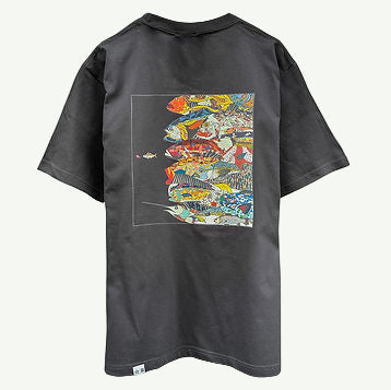 Black t-shirt with colorful graphic design on the back against a white background