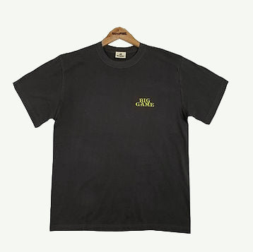 Black t-shirt with 'Big Game' logo on a hanger against a white background