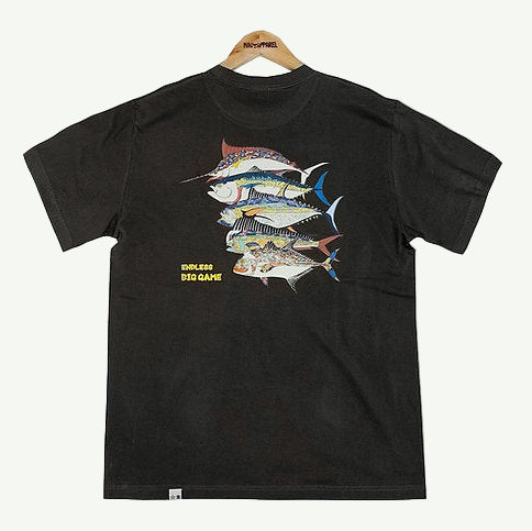 Black t-shirt with fish graphic on a hanger against a white background