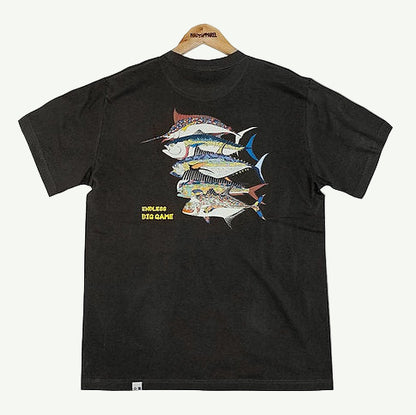 Black t-shirt with fish graphic on a hanger against a white background