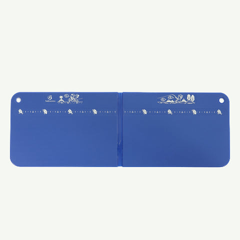 Blue ruler with measurement markings on a white background