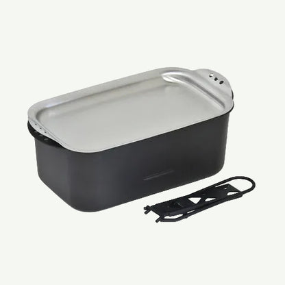 Black rectangular container with a silver lid on a white background