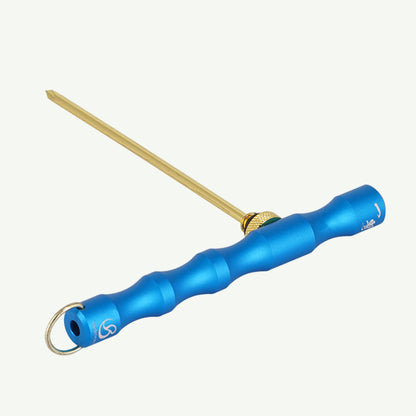 Blue and gold tool with a pointed end on a white background