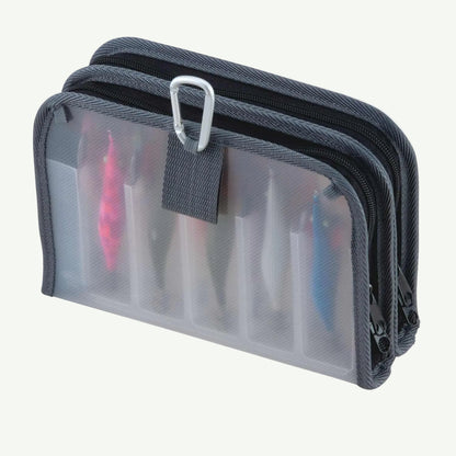 A black Daiichiseiko Egi Rack V2 Squid Jig Case with translucent compartments showing various egi lures inside.