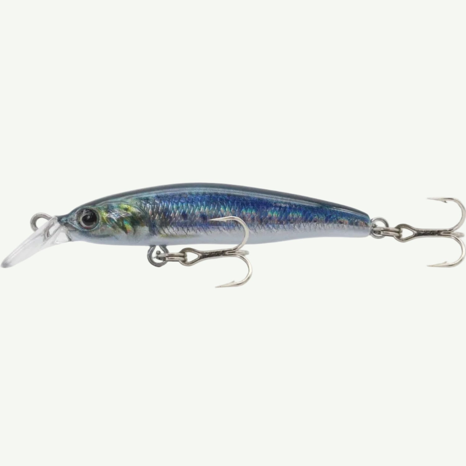 A small, multicolored fishing lure designed to resemble a minnow, with silver accents and treble hooks.
