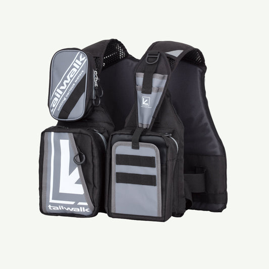 Tailwalk branded fishing vest with multiple pockets and a thigh belt, predominantly black with gray accents.